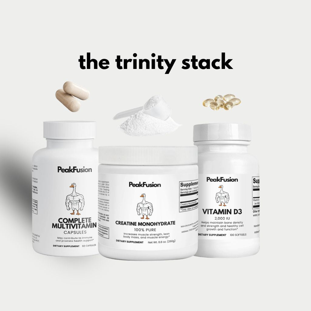 PeakFusion Trinity Stack — Creatine, Vitamin D3, and Complete Multivitamin, all third-party tested