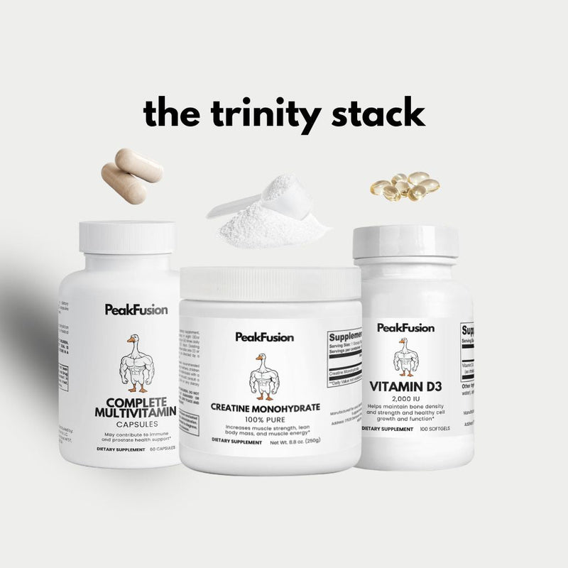 PeakFusion Trinity Stack — Creatine, Vitamin D3, and Complete Multivitamin, all third-party tested