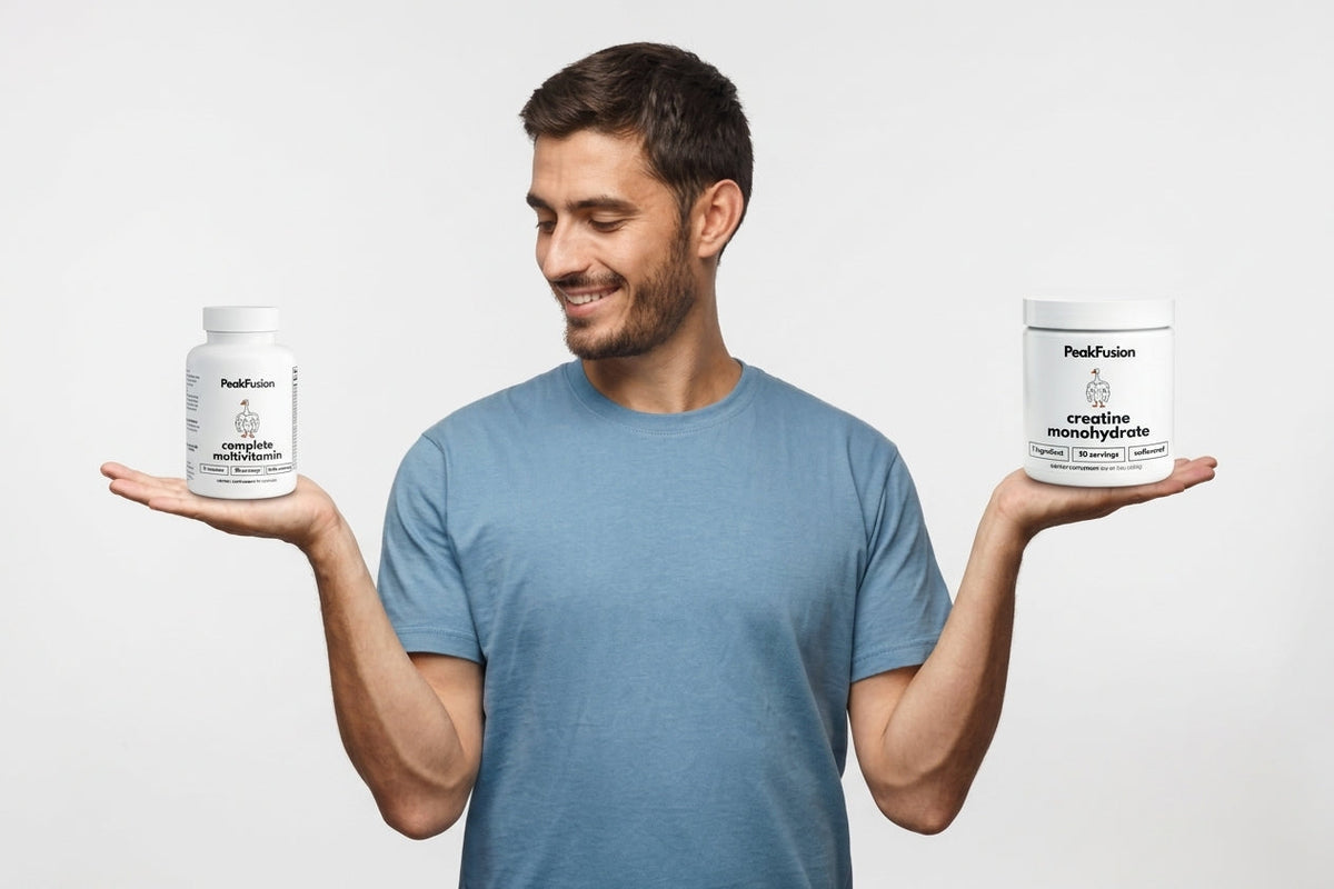 Guy Holding PeakFusion Creatine and a Multivitamin