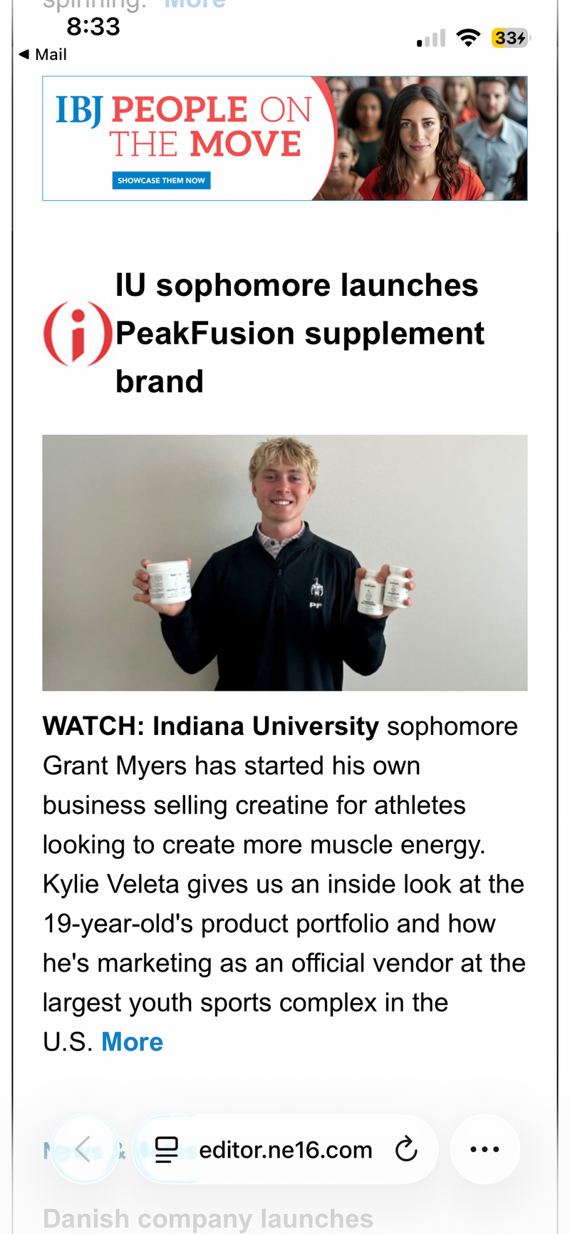Inside Indiana Business | PeakFusion Supplements | Grant Myers Article