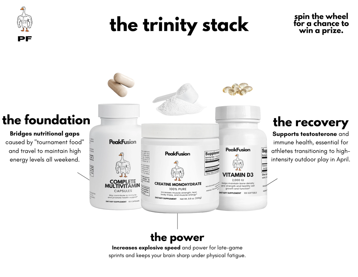 PeakFusion Trinity Stack — creatine, complete multivitamin, and vitamin D3 for strength and recovery