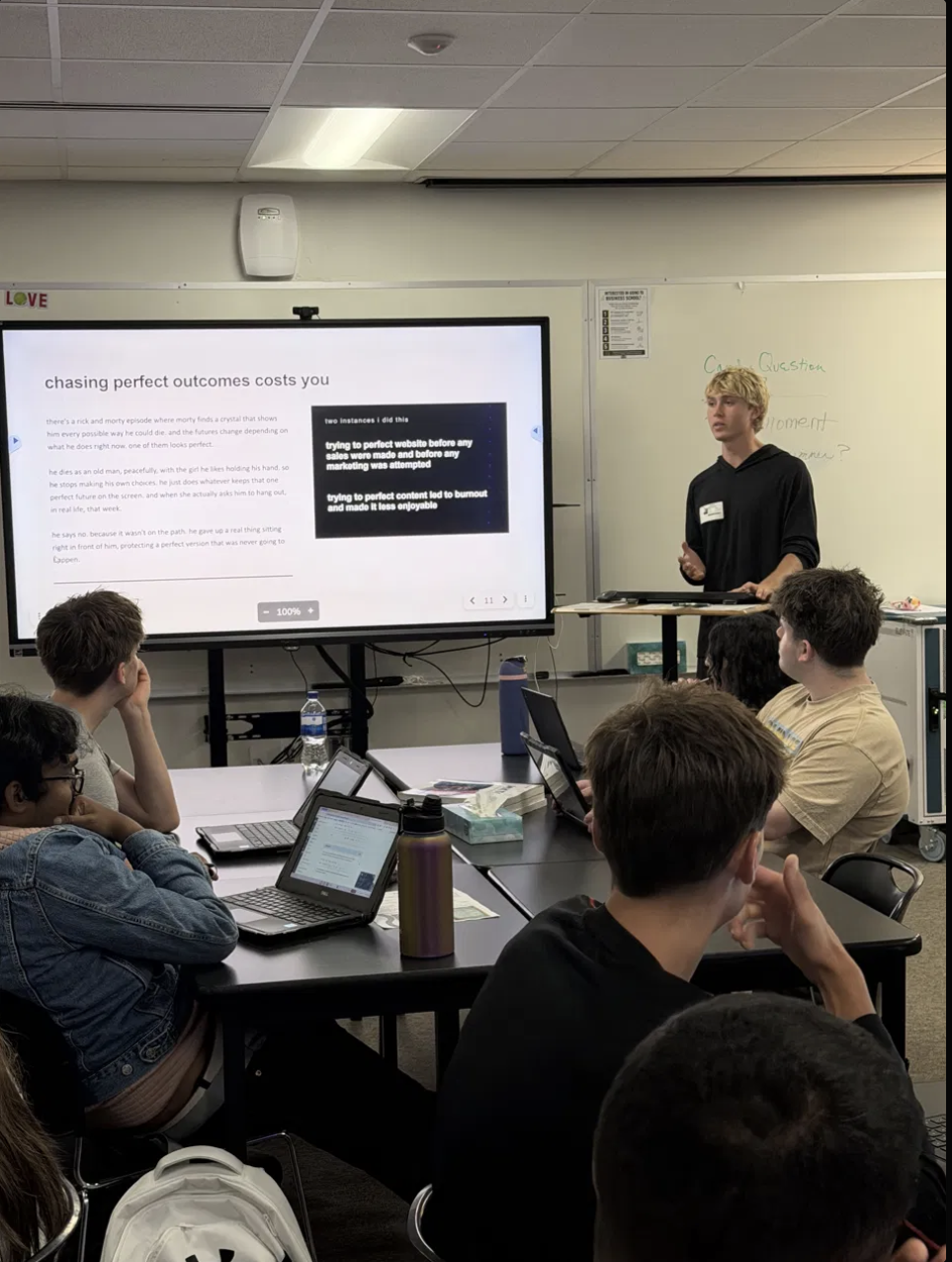 Grant Myers presenting to a Westfield High School marketing class about starting PeakFusion