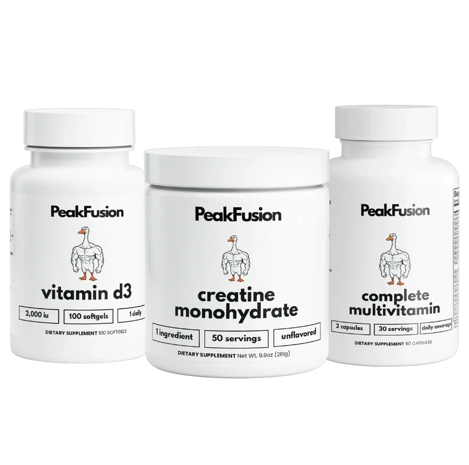 PeakFusion Trinity Stack creatine, multivitamin, and vitamin D3 bottles for the Black Friday Cyber Monday 2026 sale