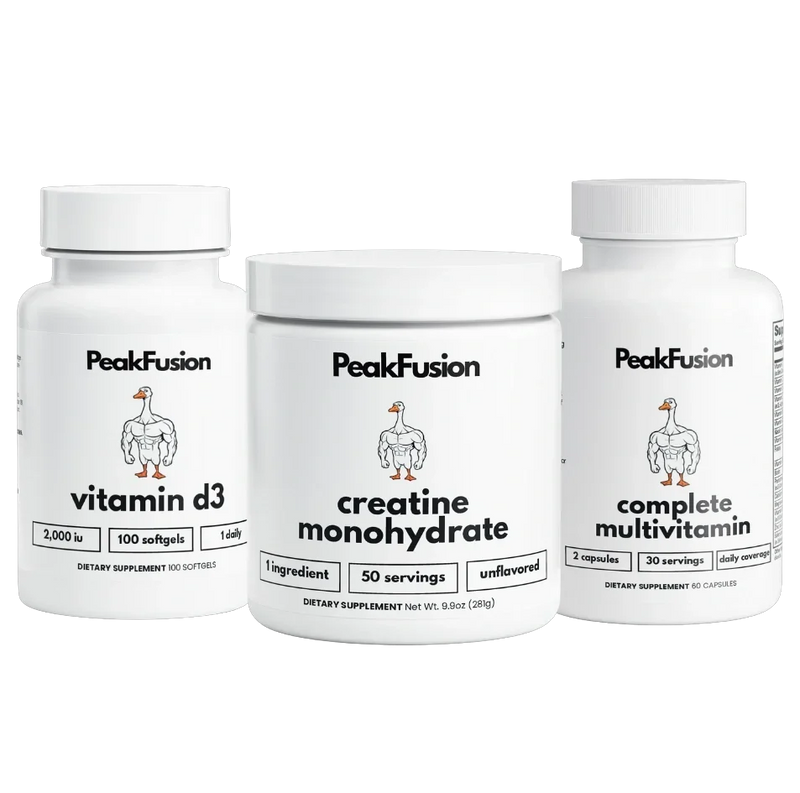 PeakFusion Trinity Stack creatine, multivitamin, and vitamin D3 bottles for the Black Friday Cyber Monday 2026 sale