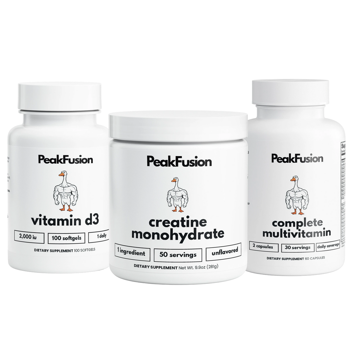 PeakFusion Trinity Stack with Creatine Monohydrate, Vitamin D3, and Complete Multivitamin